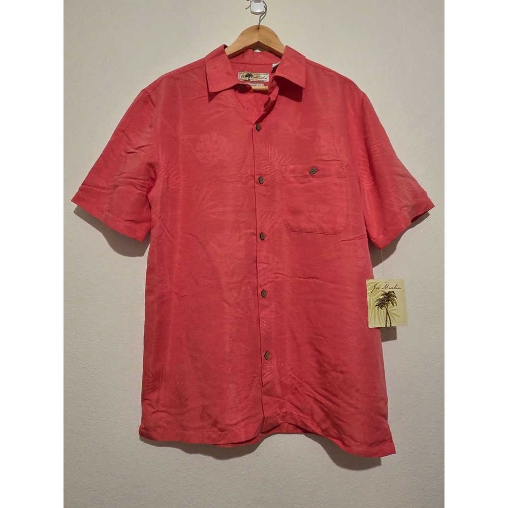 Joe Marlin Mens Medium Coral Pink Tropical Leaf Jacquard Camp Shirt NWT Comfort